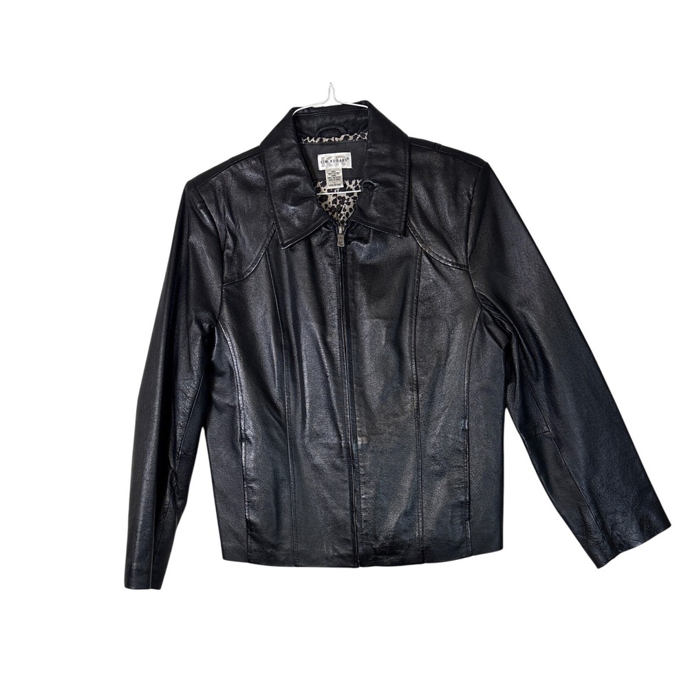 Kim Rogers Womens Black Genuine Leather Full Zip Jacket Leopard Print Lining L